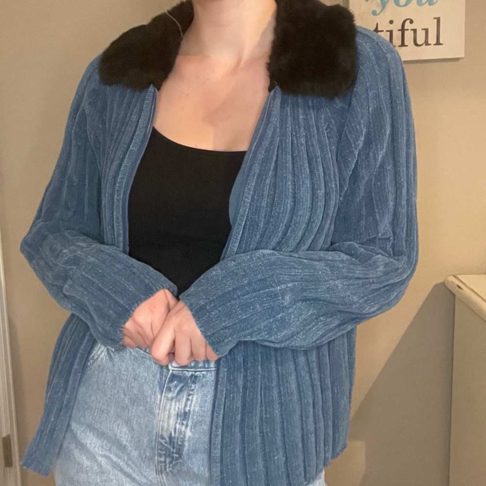 Chenille Sweater-Jacket with Fur Collar